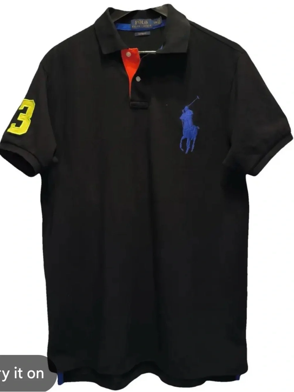Ralph Lauren Polo Black Polo Shirt with Blue Logo & Yellow Sleeve 3